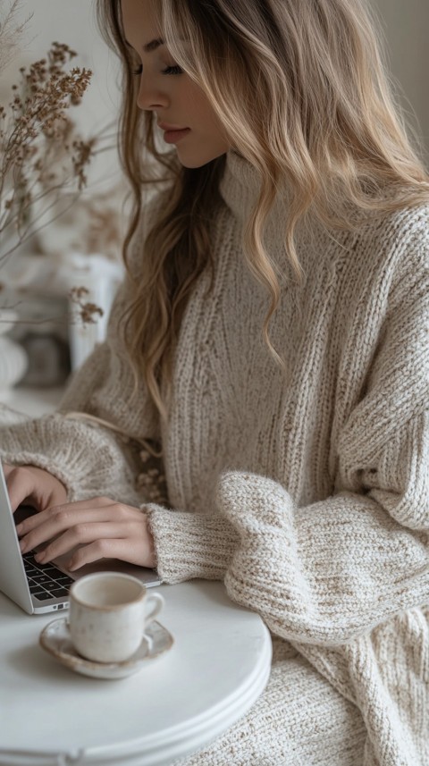 Hands Typing on a Laptop on a White Desk with Minimal Decoration – Cozy Feminine Blogger Aesthetic (1)