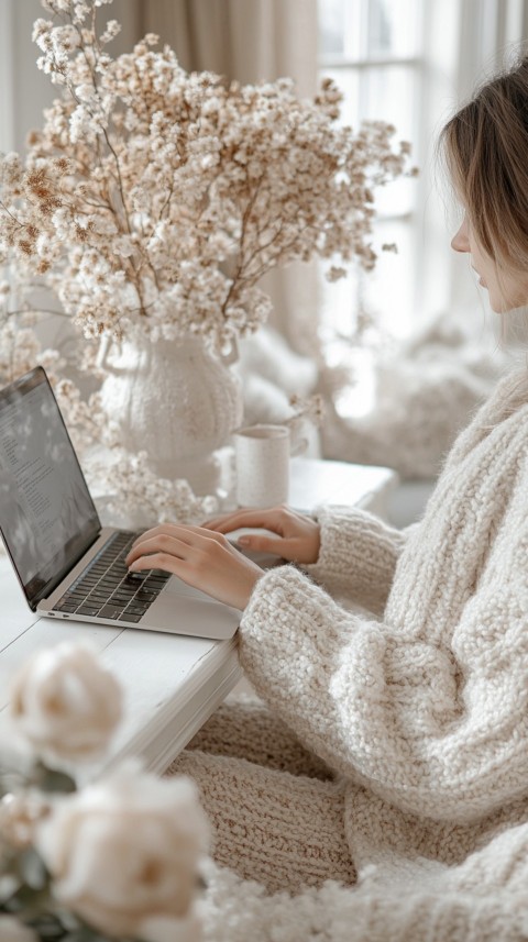 Hands Typing on a Laptop on a White Desk with Minimal Decoration – Cozy Feminine Blogger Aesthetic (16)