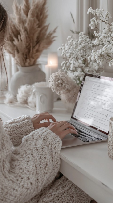 Hands Typing on a Laptop on a White Desk with Minimal Decoration – Cozy Feminine Blogger Aesthetic (35)