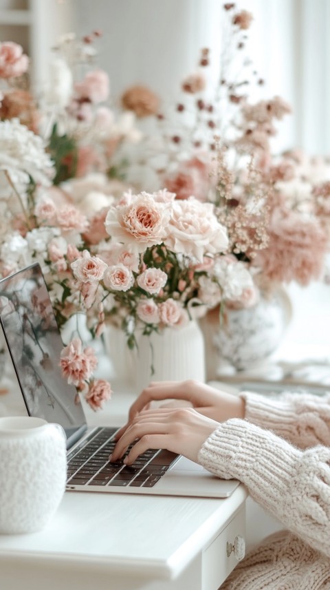 Hands Typing on a Laptop on a White Desk with Minimal Decoration – Cozy Feminine Blogger Aesthetic (49)