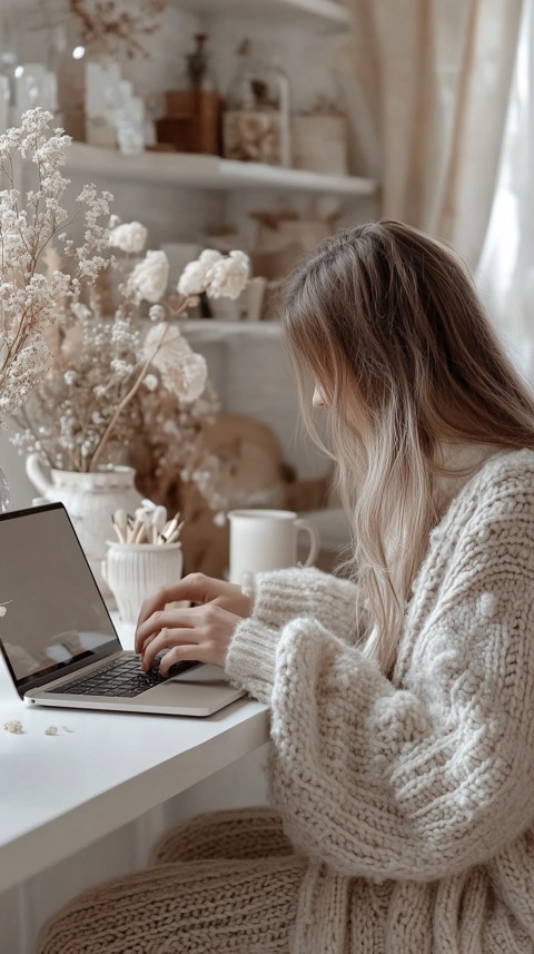 Hands Typing on a Laptop on a White Desk with Minimal Decoration – Cozy Feminine Blogger Aesthetic (31)