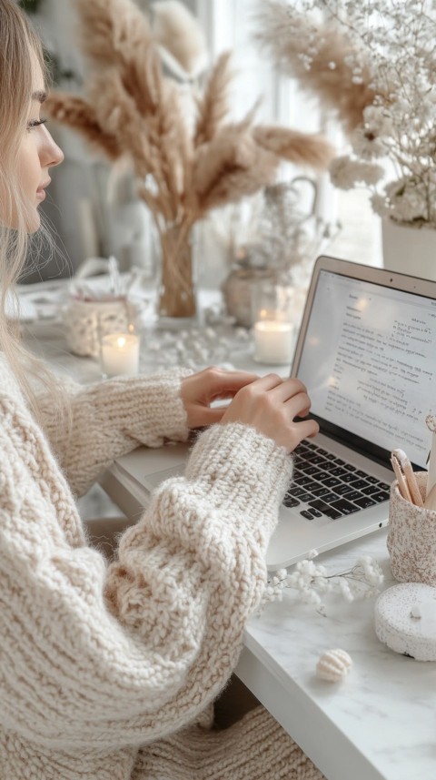 Hands Typing on a Laptop on a White Desk with Minimal Decoration – Cozy Feminine Blogger Aesthetic (38)