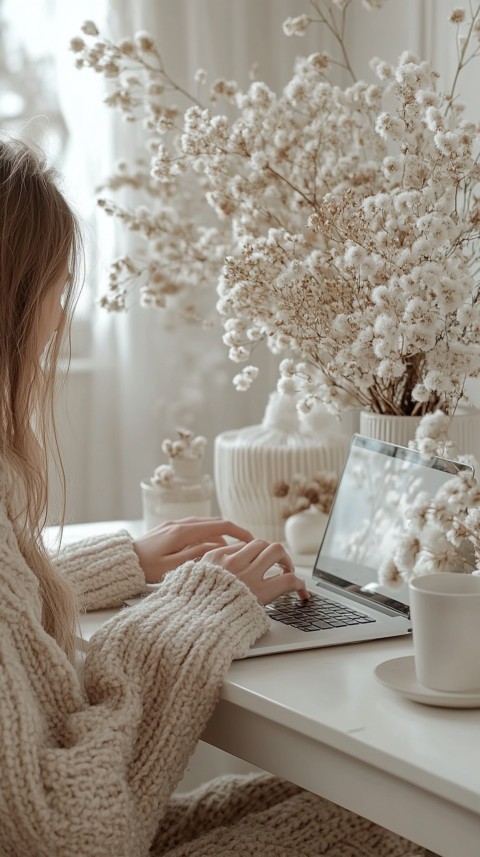 Hands Typing on a Laptop on a White Desk with Minimal Decoration – Cozy Feminine Blogger Aesthetic (37)