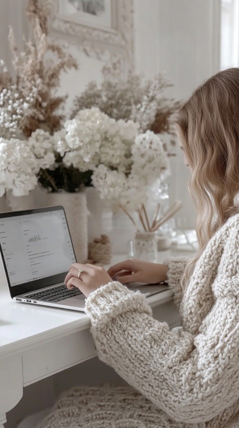 Hands Typing on a Laptop on a White Desk with Minimal Decoration – Cozy Feminine Blogger Aesthetic (44)