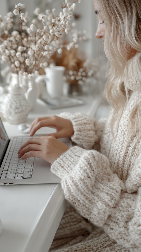 Hands Typing on a Laptop on a White Desk with Minimal Decoration – Cozy Feminine Blogger Aesthetic (34)