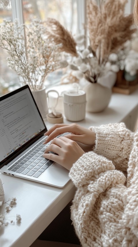 Hands Typing on a Laptop on a White Desk with Minimal Decoration – Cozy Feminine Blogger Aesthetic (43)