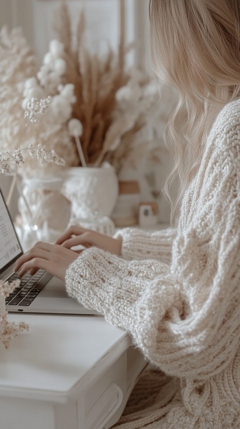 Hands Typing on a Laptop on a White Desk with Minimal Decoration – Cozy Feminine Blogger Aesthetic (39)