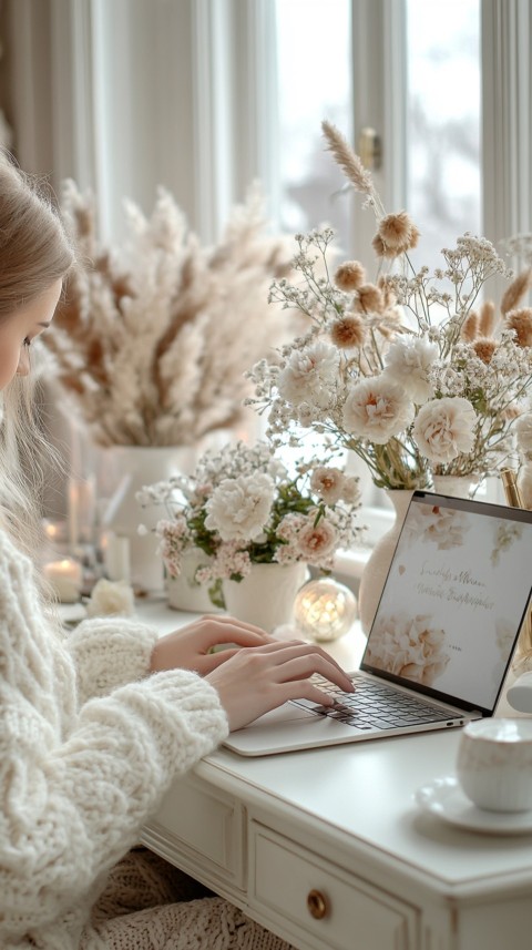 Hands Typing on a Laptop on a White Desk with Minimal Decoration – Cozy Feminine Blogger Aesthetic (47)