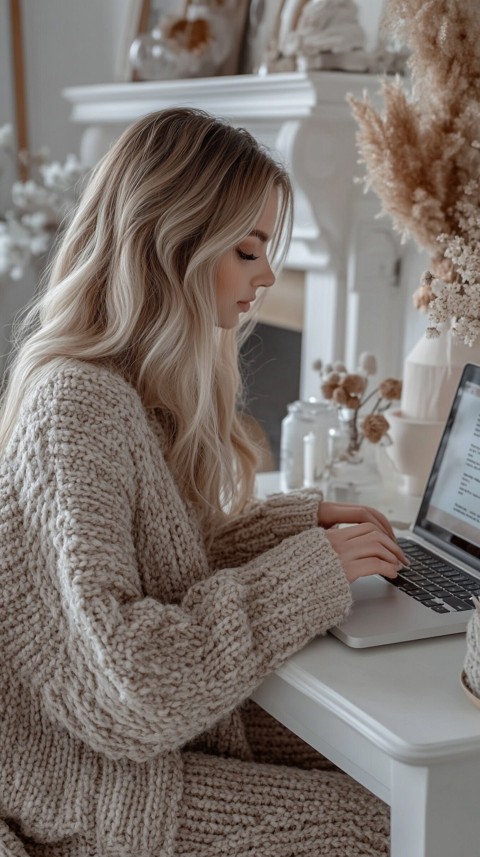 Hands Typing on a Laptop on a White Desk with Minimal Decoration – Cozy Feminine Blogger Aesthetic (22)