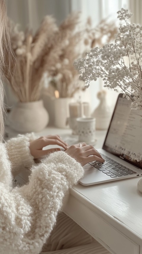 Hands Typing on a Laptop on a White Desk with Minimal Decoration – Cozy Feminine Blogger Aesthetic (55)