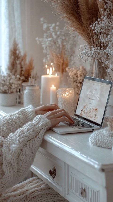 Hands Typing on a Laptop on a White Desk with Minimal Decoration – Cozy Feminine Blogger Aesthetic (64)