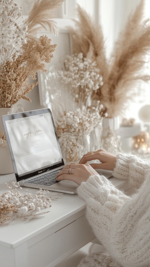 Hands Typing on a Laptop on a White Desk with Minimal Decoration – Cozy Feminine Blogger Aesthetic (60)