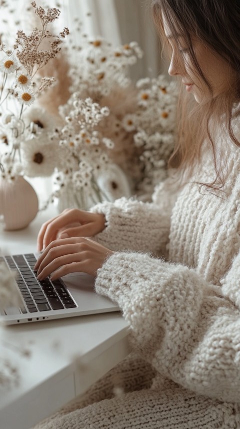 Hands Typing on a Laptop on a White Desk with Minimal Decoration – Cozy Feminine Blogger Aesthetic (78)