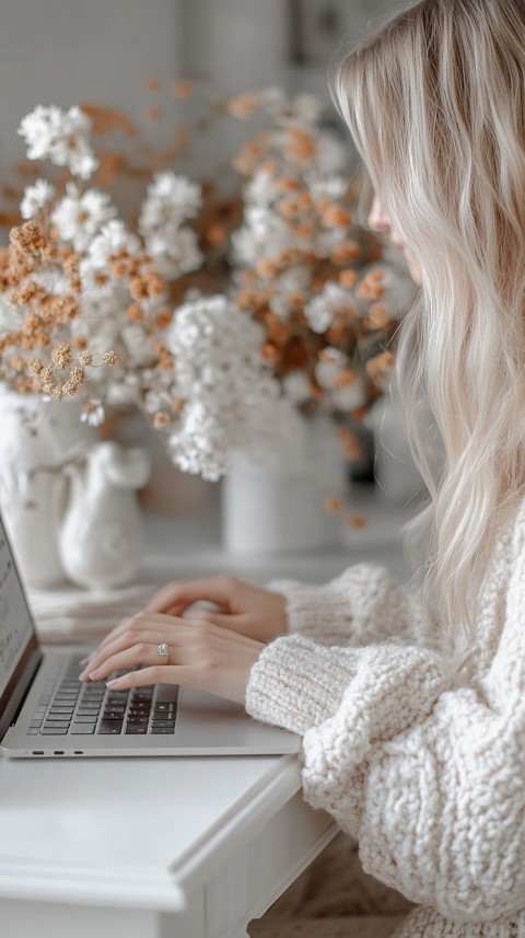 Hands Typing on a Laptop on a White Desk with Minimal Decoration – Cozy Feminine Blogger Aesthetic (58)