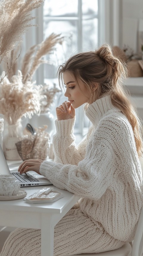 Hands Typing on a Laptop on a White Desk with Minimal Decoration – Cozy Feminine Blogger Aesthetic (80)