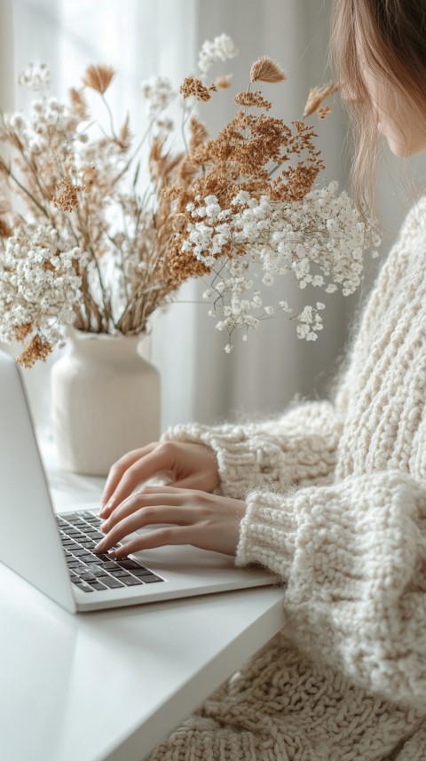 Hands Typing on a Laptop on a White Desk with Minimal Decoration – Cozy Feminine Blogger Aesthetic (70)