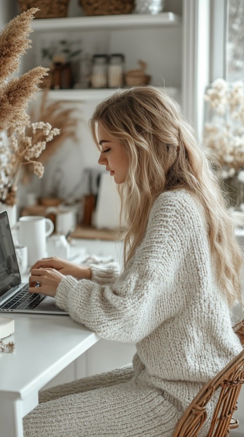 Hands Typing on a Laptop on a White Desk with Minimal Decoration – Cozy Feminine Blogger Aesthetic (53)