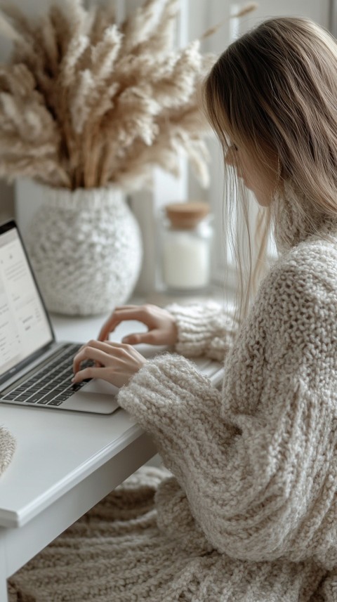 Hands Typing on a Laptop on a White Desk with Minimal Decoration – Cozy Feminine Blogger Aesthetic (66)