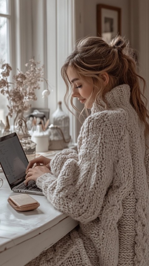 Hands Typing on a Laptop on a White Desk with Minimal Decoration – Cozy Feminine Blogger Aesthetic (65)