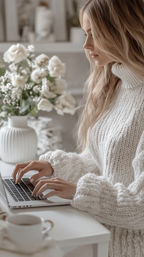 Hands Typing on a Laptop on a White Desk with Minimal Decoration – Cozy Feminine Blogger Aesthetic (56)