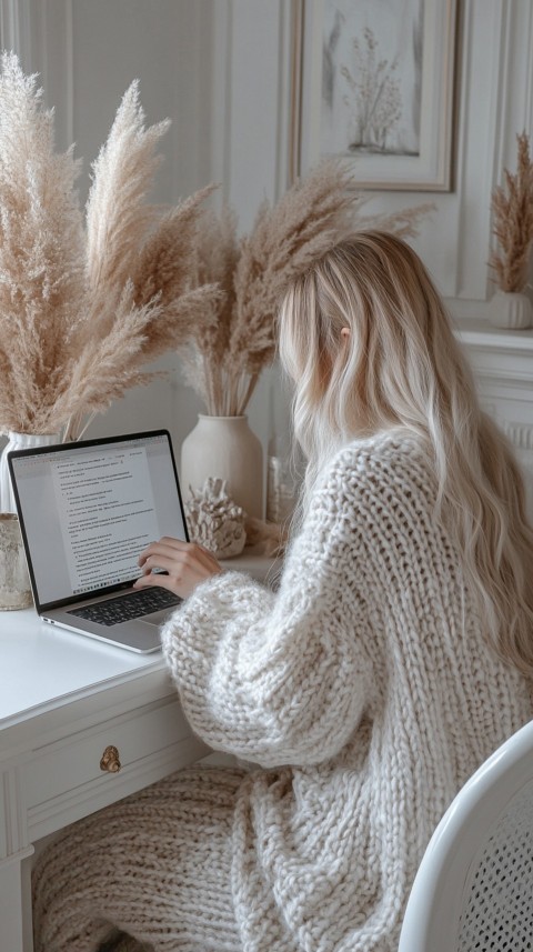 Hands Typing on a Laptop on a White Desk with Minimal Decoration – Cozy Feminine Blogger Aesthetic (79)