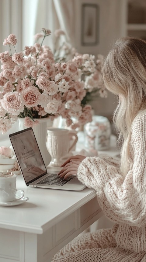 Hands Typing on a Laptop on a White Desk with Minimal Decoration – Cozy Feminine Blogger Aesthetic (94)