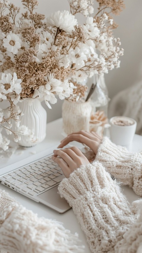 Hands Typing on a Laptop on a White Desk with Minimal Decoration – Cozy Feminine Blogger Aesthetic (91)