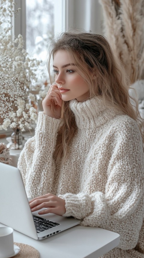 Hands Typing on a Laptop on a White Desk with Minimal Decoration – Cozy Feminine Blogger Aesthetic (81)