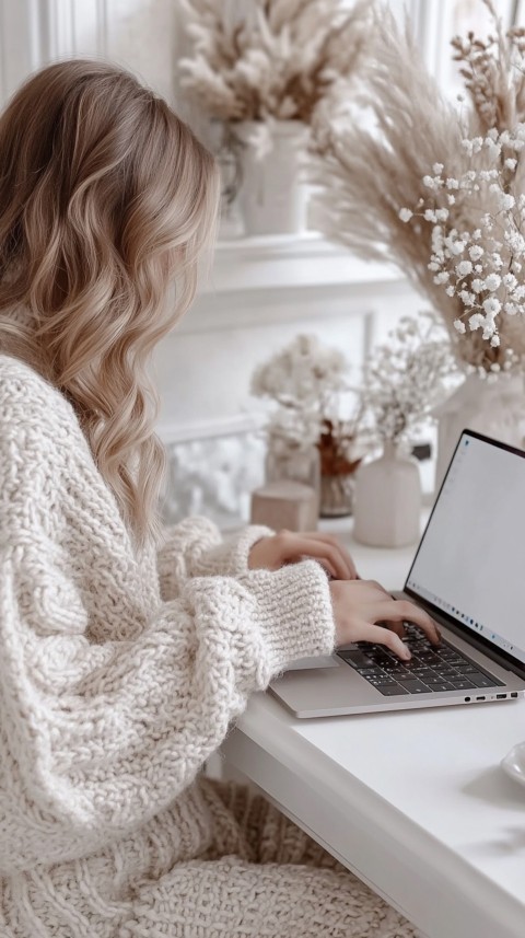 Hands Typing on a Laptop on a White Desk with Minimal Decoration – Cozy Feminine Blogger Aesthetic (85)