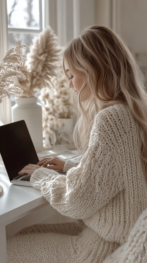 Hands Typing on a Laptop on a White Desk with Minimal Decoration – Cozy Feminine Blogger Aesthetic (99)