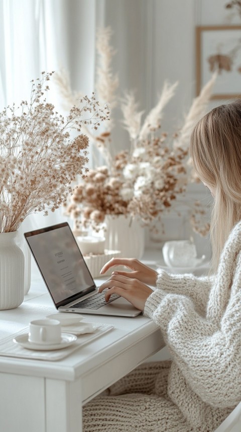 Hands Typing on a Laptop on a White Desk with Minimal Decoration – Cozy Feminine Blogger Aesthetic (95)