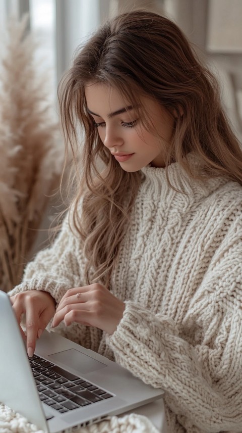 Hands Typing on a Laptop on a White Desk with Minimal Decoration – Cozy Feminine Blogger Aesthetic (89)