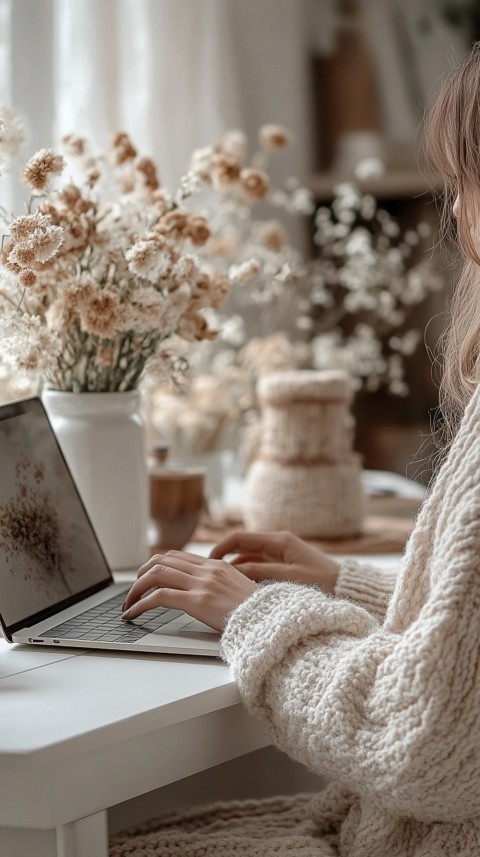 Hands Typing on a Laptop on a White Desk with Minimal Decoration – Cozy Feminine Blogger Aesthetic (100)