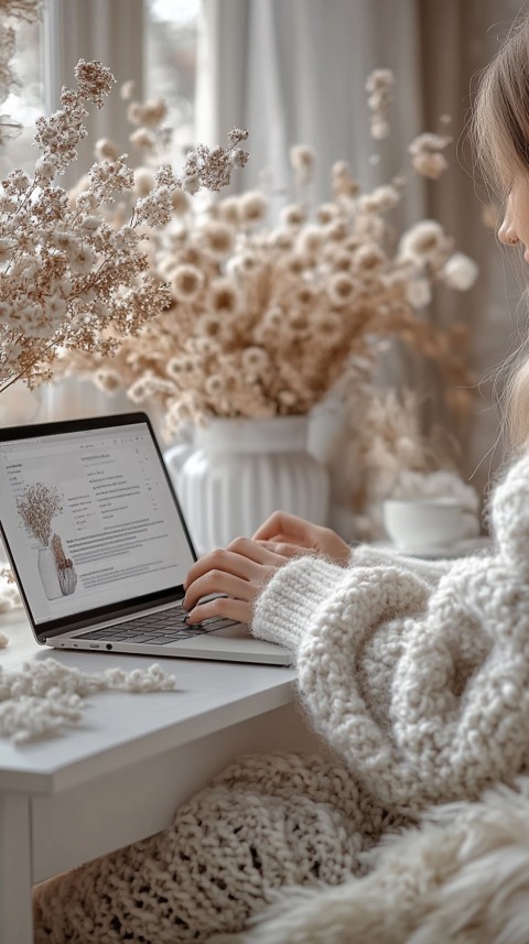 Hands Typing on a Laptop on a White Desk with Minimal Decoration – Cozy Feminine Blogger Aesthetic (86)