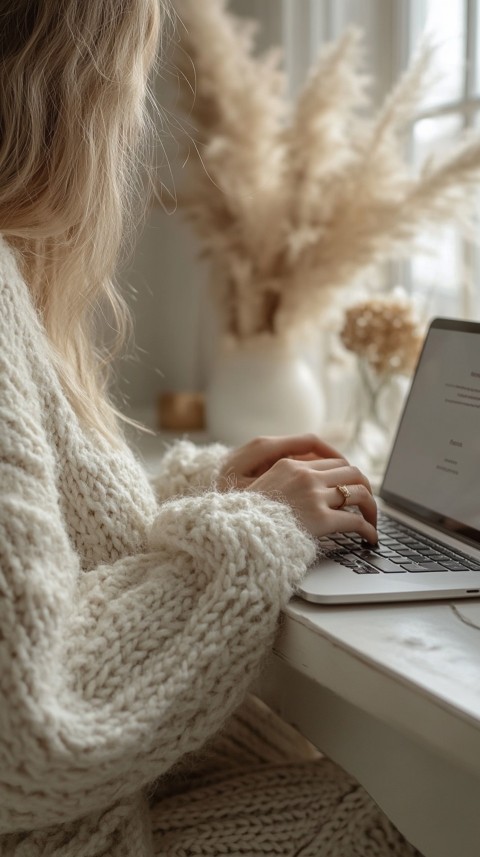 Hands Typing on a Laptop on a White Desk with Minimal Decoration – Cozy Feminine Blogger Aesthetic (136)