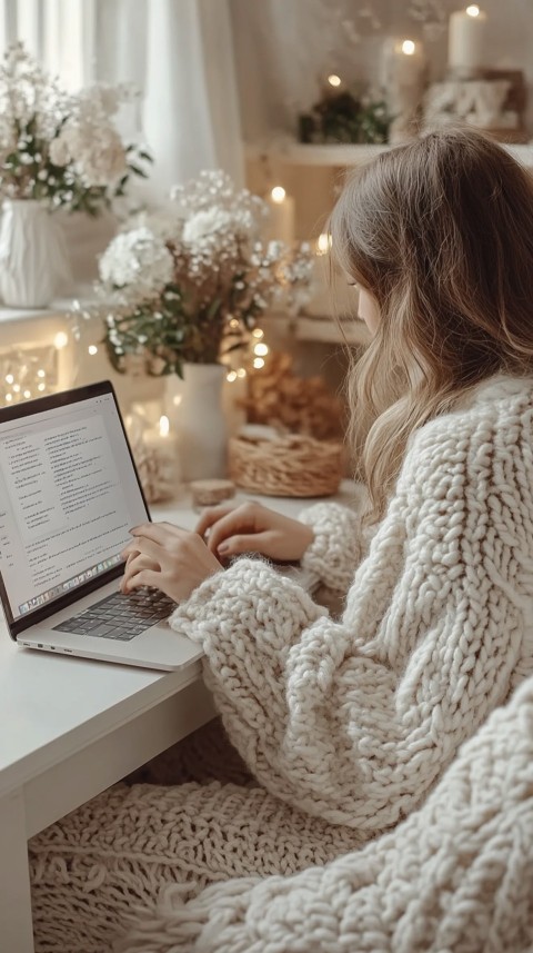 Hands Typing on a Laptop on a White Desk with Minimal Decoration – Cozy Feminine Blogger Aesthetic (133)