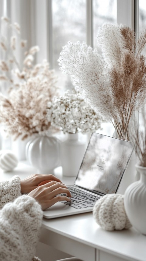 Hands Typing on a Laptop on a White Desk with Minimal Decoration – Cozy Feminine Blogger Aesthetic (124)