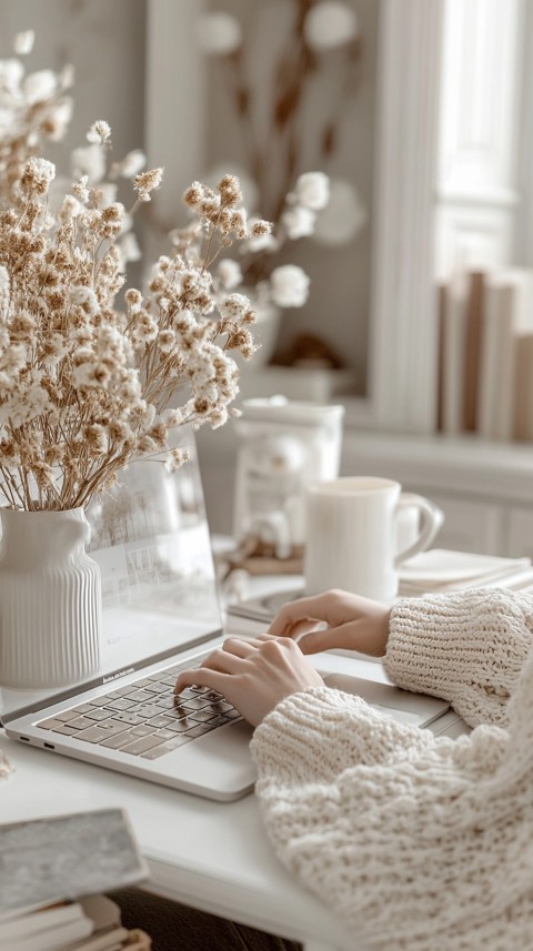 Hands Typing on a Laptop on a White Desk with Minimal Decoration – Cozy Feminine Blogger Aesthetic (131)