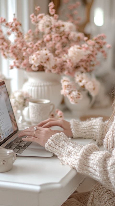 Hands Typing on a Laptop on a White Desk with Minimal Decoration – Cozy Feminine Blogger Aesthetic (113)