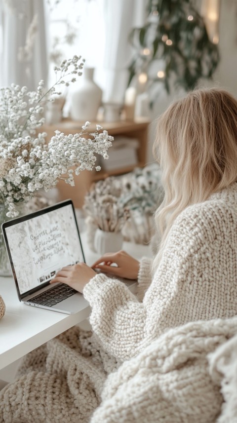 Hands Typing on a Laptop on a White Desk with Minimal Decoration – Cozy Feminine Blogger Aesthetic (125)