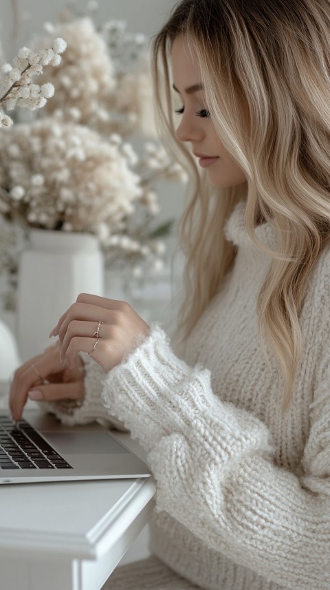 Hands Typing on a Laptop on a White Desk with Minimal Decoration – Cozy Feminine Blogger Aesthetic (102)