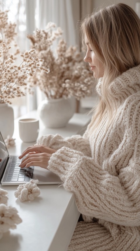 Hands Typing on a Laptop on a White Desk with Minimal Decoration – Cozy Feminine Blogger Aesthetic (107)