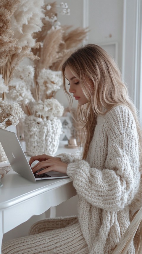 Hands Typing on a Laptop on a White Desk with Minimal Decoration – Cozy Feminine Blogger Aesthetic (130)