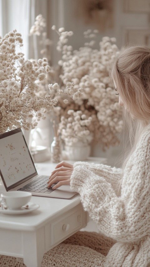 Hands Typing on a Laptop on a White Desk with Minimal Decoration – Cozy Feminine Blogger Aesthetic (120)