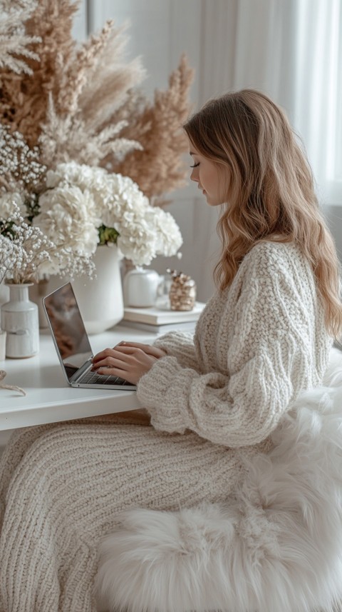 Hands Typing on a Laptop on a White Desk with Minimal Decoration – Cozy Feminine Blogger Aesthetic (126)