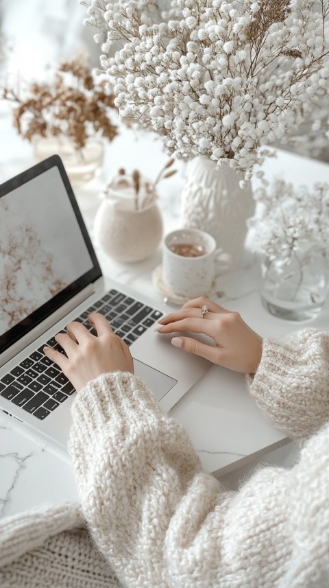 Hands Typing on a Laptop on a White Desk with Minimal Decoration – Cozy Feminine Blogger Aesthetic (128)