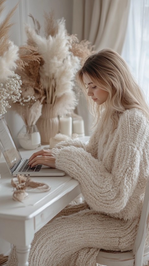 Hands Typing on a Laptop on a White Desk with Minimal Decoration – Cozy Feminine Blogger Aesthetic (138)