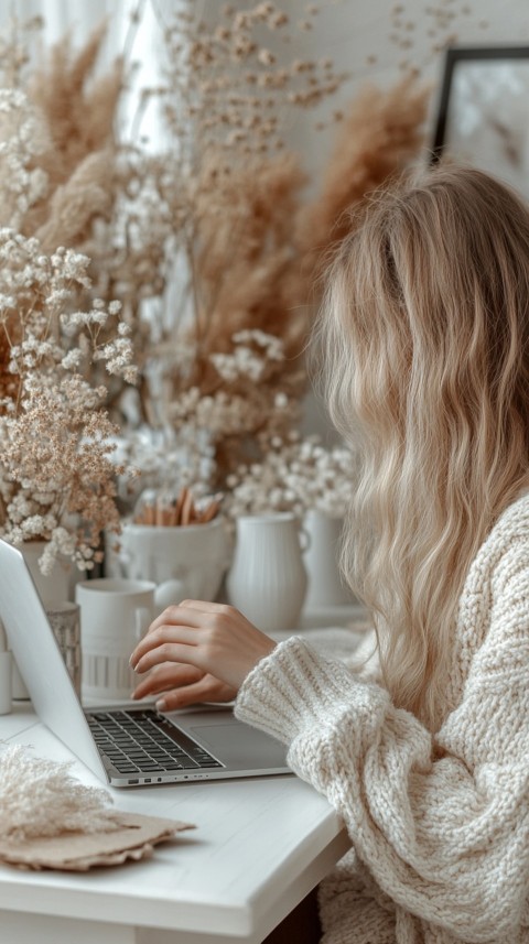 Hands Typing on a Laptop on a White Desk with Minimal Decoration – Cozy Feminine Blogger Aesthetic (135)