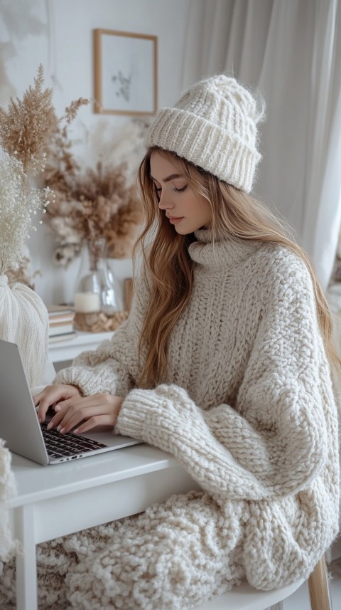 Hands Typing on a Laptop on a White Desk with Minimal Decoration – Cozy Feminine Blogger Aesthetic (139)