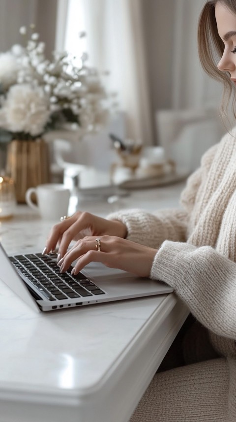 Hands Typing on a Laptop on a White Desk with Minimal Decoration – Cozy Feminine Blogger Aesthetic (147)